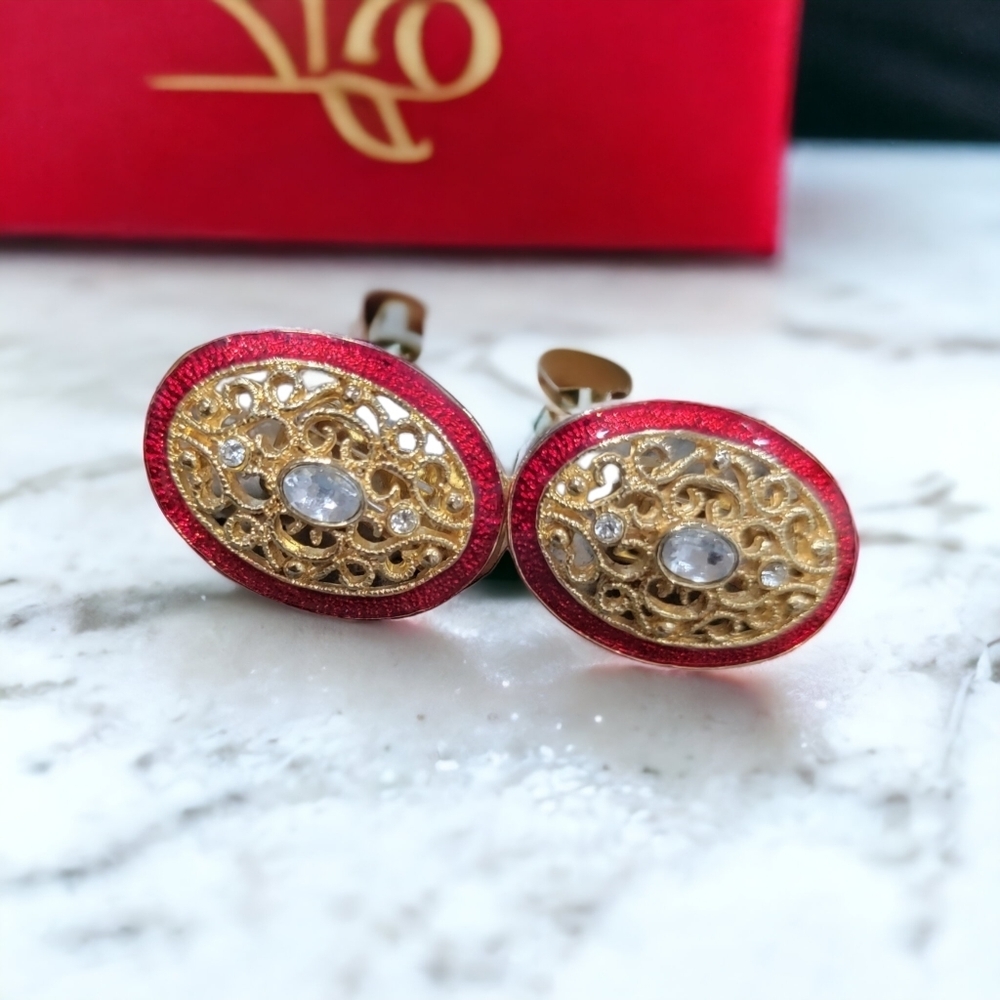 Vintage Pair of Red and Gold Clip On Earrings